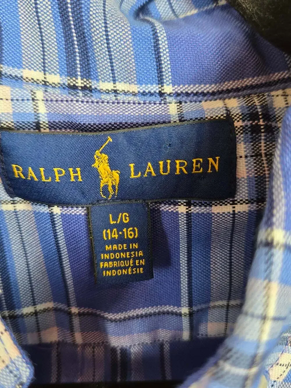 Ralph Lauren Kids Blue Plaid Button Down Shirt Pony Logo L 14-16
